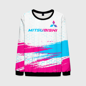 Мужской свитшот 3D с принтом Mitsubishi neon gradient style: символ сверху в Новосибирске, 100% полиэстер с мягким внутренним слоем | круглый вырез горловины, мягкая резинка на манжетах и поясе, свободная посадка по фигуре | 