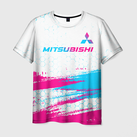 Мужская футболка 3D с принтом Mitsubishi neon gradient style: символ сверху в Кировске, 100% полиэфир | прямой крой, круглый вырез горловины, длина до линии бедер | 