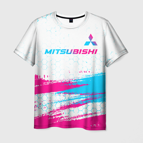 Мужская футболка 3D с принтом Mitsubishi neon gradient style: символ сверху в Новосибирске, 100% полиэфир | прямой крой, круглый вырез горловины, длина до линии бедер | 