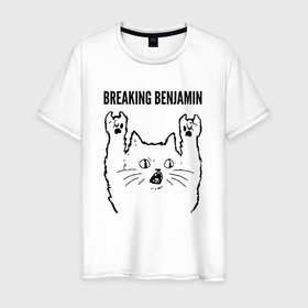 Мужская футболка хлопок с принтом Breaking Benjamin   rock cat в Петрозаводске, 100% хлопок | прямой крой, круглый вырез горловины, длина до линии бедер, слегка спущенное плечо. | Тематика изображения на принте: 