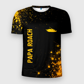 Мужская футболка 3D Slim с принтом Papa Roach   gold gradient: надпись, символ в Кировске, 100% полиэстер с улучшенными характеристиками | приталенный силуэт, круглая горловина, широкие плечи, сужается к линии бедра | Тематика изображения на принте: 