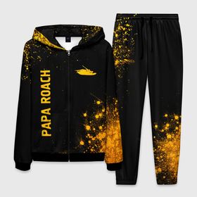 Мужской костюм 3D с принтом Papa Roach   gold gradient: надпись, символ , 100% полиэстер | Манжеты и пояс оформлены тканевой резинкой, двухслойный капюшон со шнурком для регулировки, карманы спереди | 