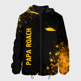 Мужская куртка 3D с принтом Papa Roach   gold gradient: надпись, символ в Кировске, ткань верха — 100% полиэстер, подклад — флис | прямой крой, подол и капюшон оформлены резинкой с фиксаторами, два кармана без застежек по бокам, один большой потайной карман на груди. Карман на груди застегивается на липучку | 