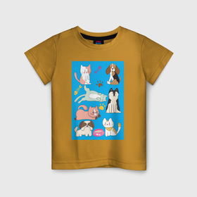 Детская футболка хлопок с принтом Кошки и собаки в Курске, 100% хлопок | круглый вырез горловины, полуприлегающий силуэт, длина до линии бедер | 