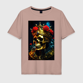 Мужская футболка хлопок Oversize с принтом Череп в короне и розах   нейросеть в Санкт-Петербурге, 100% хлопок | свободный крой, круглый ворот, “спинка” длиннее передней части | 