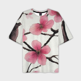 Мужская футболка oversize 3D с принтом Цветы и ветви японской сакуры   текстура холста в Кировске,  |  | 