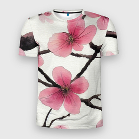 Мужская футболка 3D Slim с принтом Цветы и ветви японской сакуры   текстура холста в Белгороде, 100% полиэстер с улучшенными характеристиками | приталенный силуэт, круглая горловина, широкие плечи, сужается к линии бедра | 