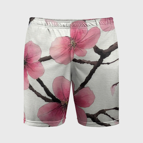 Мужские шорты спортивные с принтом Цветы и ветви японской сакуры   текстура холста ,  |  | Тематика изображения на принте: 