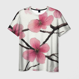 Мужская футболка 3D с принтом Цветы и ветви японской сакуры   текстура холста , 100% полиэфир | прямой крой, круглый вырез горловины, длина до линии бедер | 