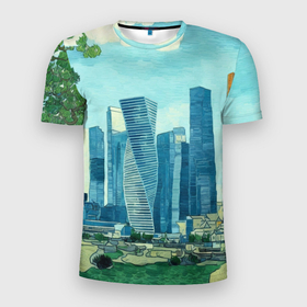 Мужская футболка 3D Slim с принтом Москва сити Ван Гог в Белгороде, 100% полиэстер с улучшенными характеристиками | приталенный силуэт, круглая горловина, широкие плечи, сужается к линии бедра | Тематика изображения на принте: 