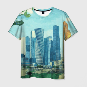 Мужская футболка 3D с принтом Москва сити Ван Гог в Екатеринбурге, 100% полиэфир | прямой крой, круглый вырез горловины, длина до линии бедер | 