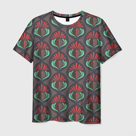 Мужская футболка 3D с принтом Red flower pattern в Екатеринбурге, 100% полиэфир | прямой крой, круглый вырез горловины, длина до линии бедер | Тематика изображения на принте: 
