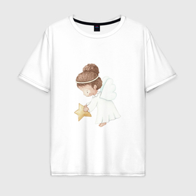 Мужская футболка хлопок Oversize с принтом Ангел девочка со звездой в Белгороде, 100% хлопок | свободный крой, круглый ворот, “спинка” длиннее передней части | 