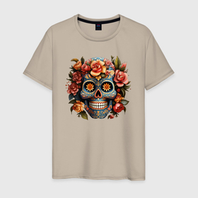 Мужская футболка хлопок с принтом Аттрактивный мексиканский череп в Екатеринбурге, 100% хлопок | прямой крой, круглый вырез горловины, длина до линии бедер, слегка спущенное плечо. | 