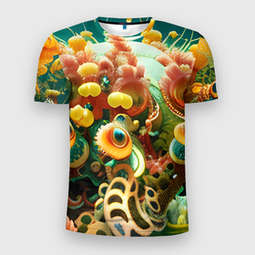 Мужская футболка 3D Slim с принтом кораллы под водой в Тюмени, 100% полиэстер с улучшенными характеристиками | приталенный силуэт, круглая горловина, широкие плечи, сужается к линии бедра | Тематика изображения на принте: 