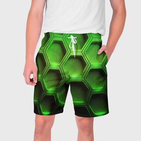 Мужские шорты 3D с принтом Объемные зеленые   соты в Новосибирске,  полиэстер 100% | прямой крой, два кармана без застежек по бокам. Мягкая трикотажная резинка на поясе, внутри которой широкие завязки. Длина чуть выше колен | 