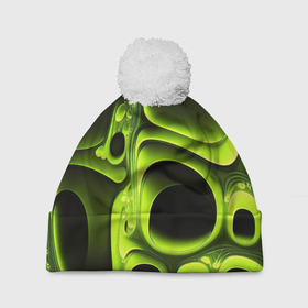 Шапка 3D c помпоном с принтом Зеленая кислотная абстракция в Петрозаводске, 100% полиэстер | универсальный размер, печать по всей поверхности изделия | 
