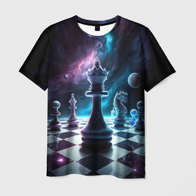 Мужская футболка 3D с принтом Космические шахматы , 100% полиэфир | прямой крой, круглый вырез горловины, длина до линии бедер | 