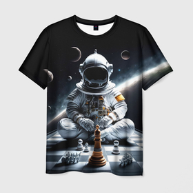 Мужская футболка 3D с принтом Космонавт и шахматы , 100% полиэфир | прямой крой, круглый вырез горловины, длина до линии бедер | 