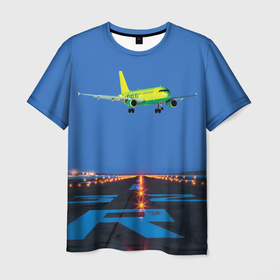 Мужская футболка 3D с принтом S7 Боинг 737 над взлетной полосой в городе Новоалтайск, 100% полиэфир | прямой крой, круглый вырез горловины, длина до линии бедер | 