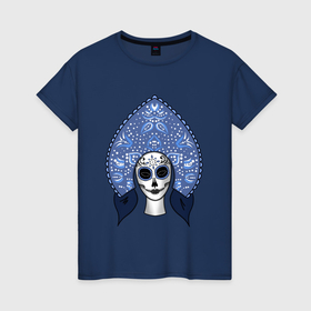 Женская футболка хлопок с принтом Череп мексиканский в кокошнике в Курске, 100% хлопок | прямой крой, круглый вырез горловины, длина до линии бедер, слегка спущенное плечо | 