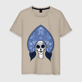 Мужская футболка хлопок с принтом Череп мексиканский в кокошнике в Белгороде, 100% хлопок | прямой крой, круглый вырез горловины, длина до линии бедер, слегка спущенное плечо. | 