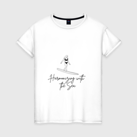 Женская футболка хлопок с принтом Surf Harmony , 100% хлопок | прямой крой, круглый вырез горловины, длина до линии бедер, слегка спущенное плечо | 