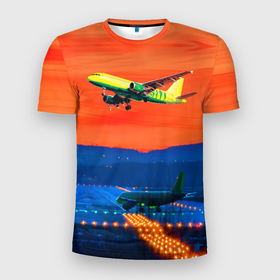 Мужская футболка 3D Slim с принтом Боинг 737 на взлете в Санкт-Петербурге, 100% полиэстер с улучшенными характеристиками | приталенный силуэт, круглая горловина, широкие плечи, сужается к линии бедра | 