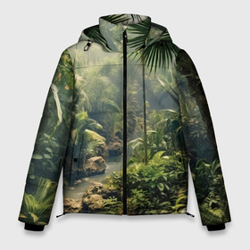 Мужская зимняя куртка 3D с принтом Зеленые джунгли в Курске, верх — 100% полиэстер; подкладка — 100% полиэстер; утеплитель — 100% полиэстер | длина ниже бедра, свободный силуэт Оверсайз. Есть воротник-стойка, отстегивающийся капюшон и ветрозащитная планка. 

Боковые карманы с листочкой на кнопках и внутренний карман на молнии. | 