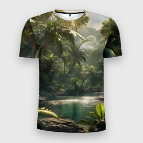 Мужская футболка 3D Slim с принтом Природа джунглей в Белгороде, 100% полиэстер с улучшенными характеристиками | приталенный силуэт, круглая горловина, широкие плечи, сужается к линии бедра | 