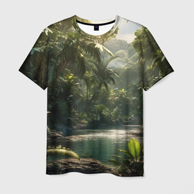 Мужская футболка 3D с принтом Природа джунглей в Курске, 100% полиэфир | прямой крой, круглый вырез горловины, длина до линии бедер | 
