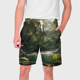 Мужские шорты 3D с принтом Природа джунглей в Белгороде,  полиэстер 100% | прямой крой, два кармана без застежек по бокам. Мягкая трикотажная резинка на поясе, внутри которой широкие завязки. Длина чуть выше колен | 