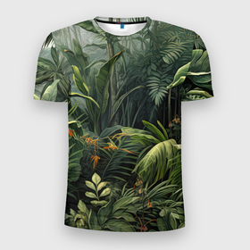Мужская футболка 3D Slim с принтом Зеленые     джунгли в Белгороде, 100% полиэстер с улучшенными характеристиками | приталенный силуэт, круглая горловина, широкие плечи, сужается к линии бедра | 