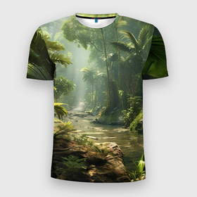 Мужская футболка 3D Slim с принтом Пальмы джунглей в Белгороде, 100% полиэстер с улучшенными характеристиками | приталенный силуэт, круглая горловина, широкие плечи, сужается к линии бедра | 