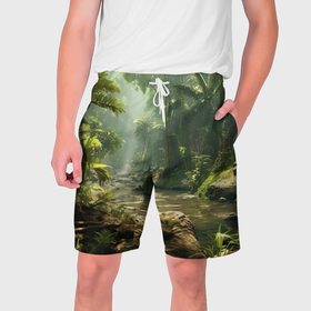 Мужские шорты 3D с принтом Пальмы джунглей в Кировске,  полиэстер 100% | прямой крой, два кармана без застежек по бокам. Мягкая трикотажная резинка на поясе, внутри которой широкие завязки. Длина чуть выше колен | 
