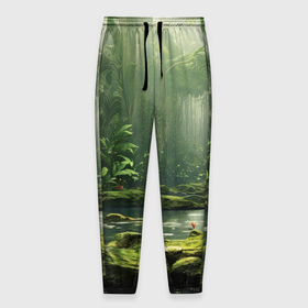 Мужские брюки 3D с принтом Зеленые тропики в Новосибирске, 100% полиэстер | манжеты по низу, эластичный пояс регулируется шнурком, по бокам два кармана без застежек, внутренняя часть кармана из мелкой сетки | 