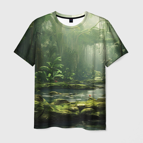 Мужская футболка 3D с принтом Зеленые тропики в Кировске, 100% полиэфир | прямой крой, круглый вырез горловины, длина до линии бедер | Тематика изображения на принте: 