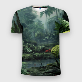 Мужская футболка 3D Slim с принтом Зеленые   тропики в Кировске, 100% полиэстер с улучшенными характеристиками | приталенный силуэт, круглая горловина, широкие плечи, сужается к линии бедра | Тематика изображения на принте: 
