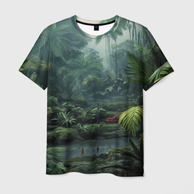 Мужская футболка 3D с принтом Зеленые   тропики в Кировске, 100% полиэфир | прямой крой, круглый вырез горловины, длина до линии бедер | Тематика изображения на принте: 