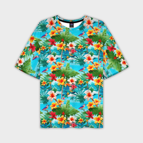 Мужская футболка oversize 3D с принтом Гавайские цветы  лето ,  |  | 