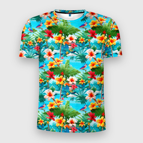 Мужская футболка 3D Slim с принтом Гавайские цветы  лето в Курске, 100% полиэстер с улучшенными характеристиками | приталенный силуэт, круглая горловина, широкие плечи, сужается к линии бедра | 