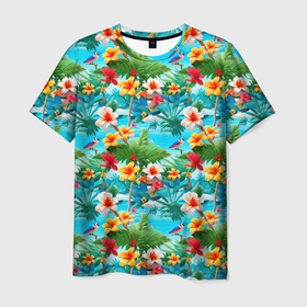 Мужская футболка 3D с принтом Гавайские цветы  лето в Курске, 100% полиэфир | прямой крой, круглый вырез горловины, длина до линии бедер | Тематика изображения на принте: 