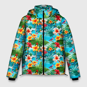 Мужская зимняя куртка 3D с принтом Гавайские цветы  лето в Белгороде, верх — 100% полиэстер; подкладка — 100% полиэстер; утеплитель — 100% полиэстер | длина ниже бедра, свободный силуэт Оверсайз. Есть воротник-стойка, отстегивающийся капюшон и ветрозащитная планка. 

Боковые карманы с листочкой на кнопках и внутренний карман на молнии. | 