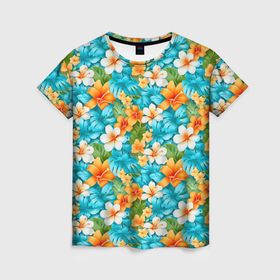 Женская футболка 3D с принтом Летние гавайские  цветочки в Петрозаводске, 100% полиэфир ( синтетическое хлопкоподобное полотно) | прямой крой, круглый вырез горловины, длина до линии бедер | 