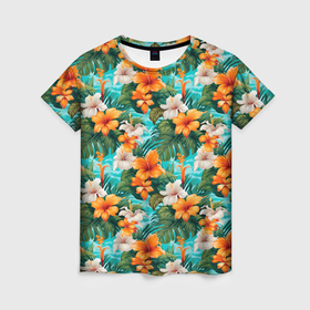 Женская футболка 3D с принтом Гавайские  цветы в Санкт-Петербурге, 100% полиэфир ( синтетическое хлопкоподобное полотно) | прямой крой, круглый вырез горловины, длина до линии бедер | 
