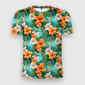 Мужская футболка 3D Slim с принтом Гавайские  цветы в Курске, 100% полиэстер с улучшенными характеристиками | приталенный силуэт, круглая горловина, широкие плечи, сужается к линии бедра | 
