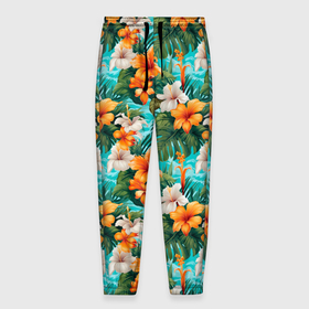 Мужские брюки 3D с принтом Гавайские  цветы в Петрозаводске, 100% полиэстер | манжеты по низу, эластичный пояс регулируется шнурком, по бокам два кармана без застежек, внутренняя часть кармана из мелкой сетки | 