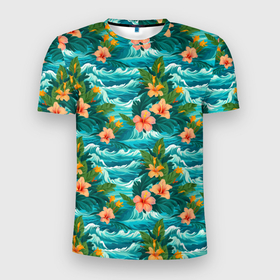 Мужская футболка 3D Slim с принтом Гавайский   стиль  цветы в Курске, 100% полиэстер с улучшенными характеристиками | приталенный силуэт, круглая горловина, широкие плечи, сужается к линии бедра | 