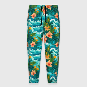Мужские брюки 3D с принтом Гавайский   стиль  цветы в Тюмени, 100% полиэстер | манжеты по низу, эластичный пояс регулируется шнурком, по бокам два кармана без застежек, внутренняя часть кармана из мелкой сетки | 
