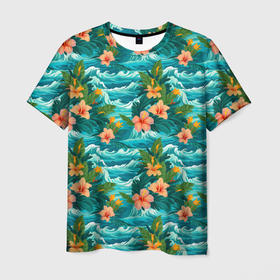 Мужская футболка 3D с принтом Гавайский   стиль  цветы в Новосибирске, 100% полиэфир | прямой крой, круглый вырез горловины, длина до линии бедер | Тематика изображения на принте: 